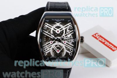 Best Quality Copy Franck Muller Vanguard Skeleton Dial Black Leather Strap Watch